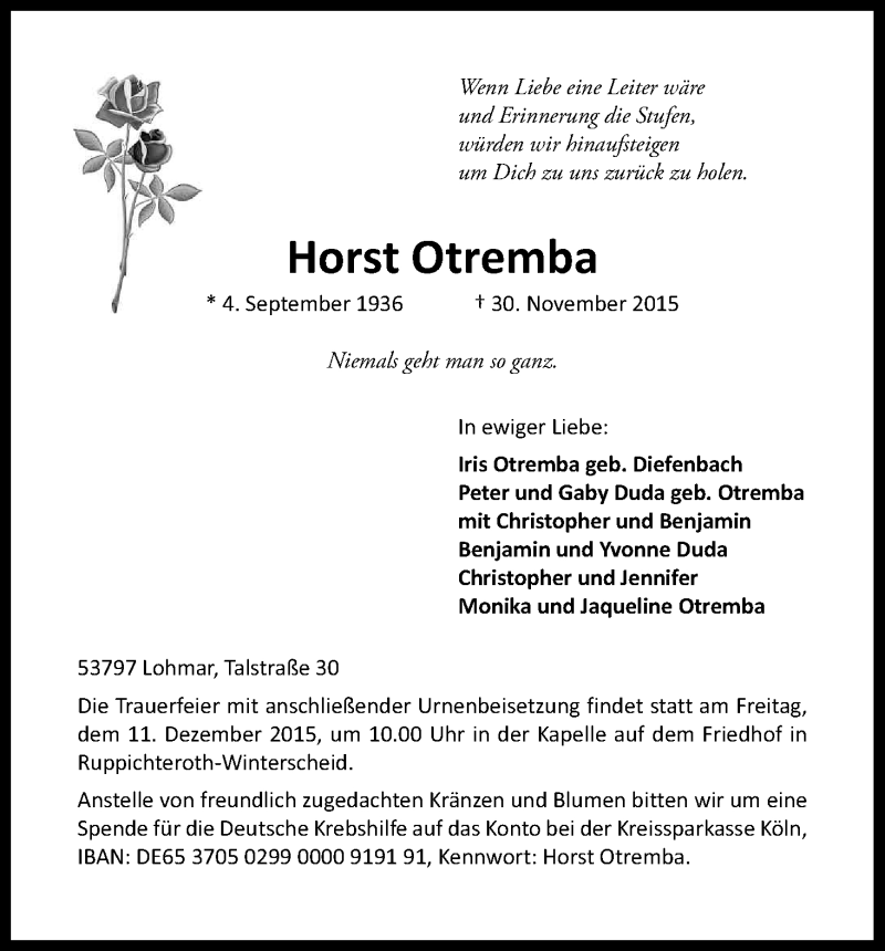  Traueranzeige für Horst Otremba vom 05.12.2015 aus Kölner Stadt-Anzeiger / Kölnische Rundschau / Express