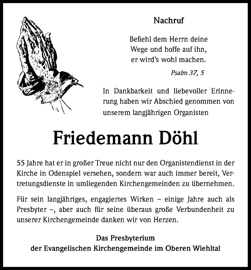  Traueranzeige für Friedemann Döhl vom 14.02.2015 aus Kölner Stadt-Anzeiger / Kölnische Rundschau / Express