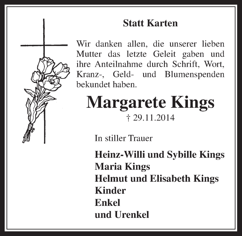  Traueranzeige für Margarete Kings vom 28.01.2015 aus  Wochenende 