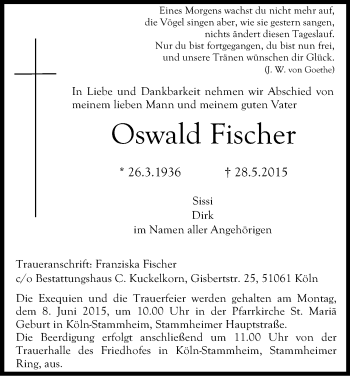 Anzeige von Oswald Fischer von Kölner Stadt-Anzeiger / Kölnische Rundschau / Express