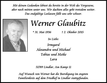 Anzeige von Werner Glaubitz von Kölner Stadt-Anzeiger / Kölnische Rundschau / Express