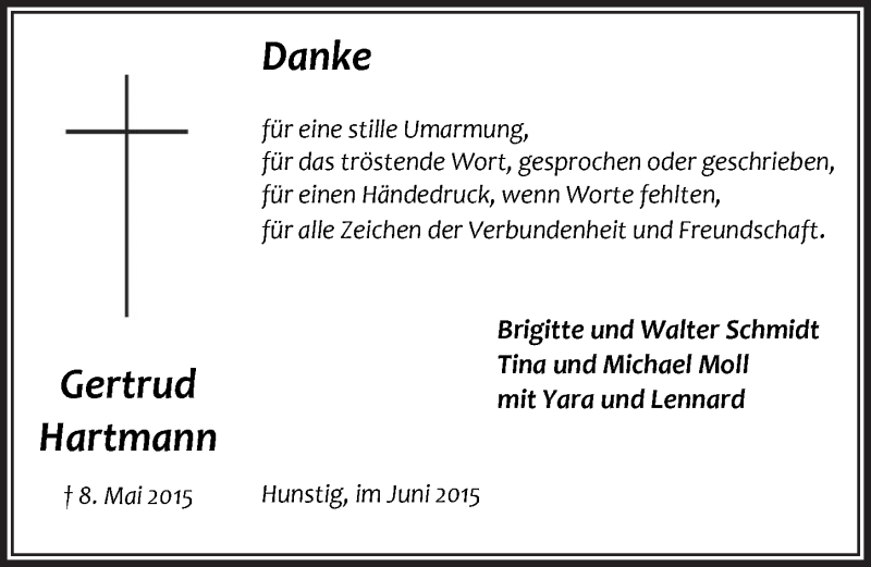  Traueranzeige für Gertrud Hartmann vom 24.06.2015 aus  Anzeigen Echo 