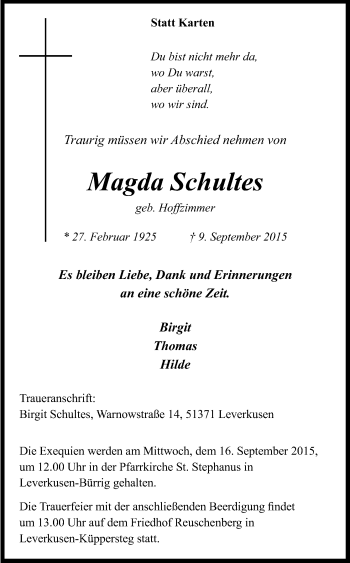 Anzeige von Magda Schultes von Kölner Stadt-Anzeiger / Kölnische Rundschau / Express