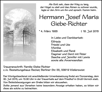 Anzeige von Hermann Josef Maria Giebe-Richter von  Blickpunkt Euskirchen 