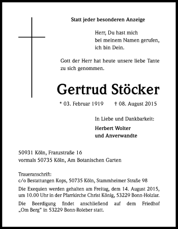 Anzeige von Gertrud Stöcker von Kölner Stadt-Anzeiger / Kölnische Rundschau / Express