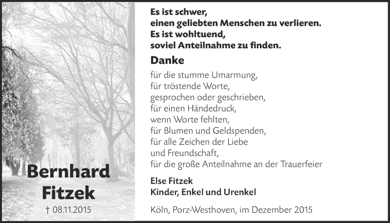  Traueranzeige für Bernhard Fitzek vom 09.12.2015 aus  Kölner Wochenspiegel 