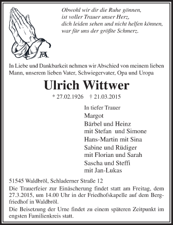 Anzeige von Ulrich Wittwer von  Lokalanzeiger 