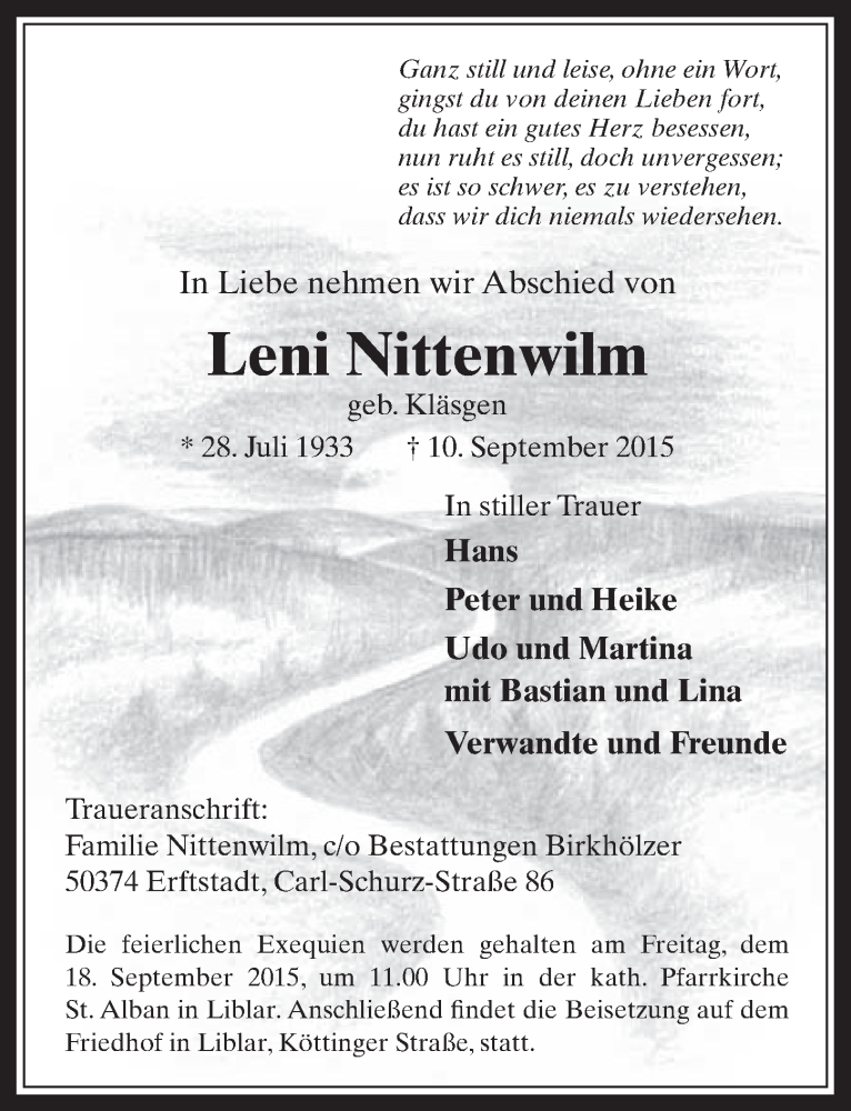  Traueranzeige für Leni Nittenwilm vom 16.09.2015 aus  Werbepost 