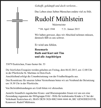 Anzeige von Rudolf Mühlstein von Kölner Stadt-Anzeiger / Kölnische Rundschau / Express