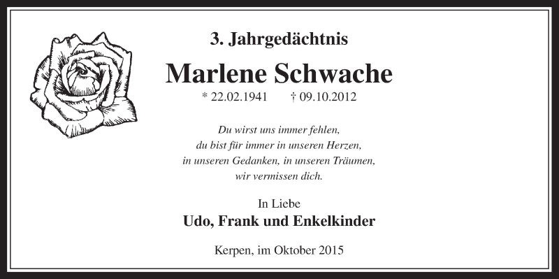  Traueranzeige für Marlene Schwache vom 10.10.2015 aus  Sonntags-Post 