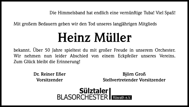  Traueranzeige für Heinz Müller vom 02.04.2016 aus 