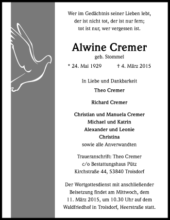 Anzeige von Alwine Cremer von Kölner Stadt-Anzeiger / Kölnische Rundschau / Express