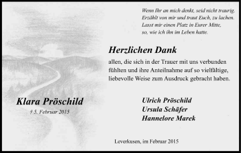 Anzeige von Klara Pröschild von Kölner Stadt-Anzeiger / Kölnische Rundschau / Express