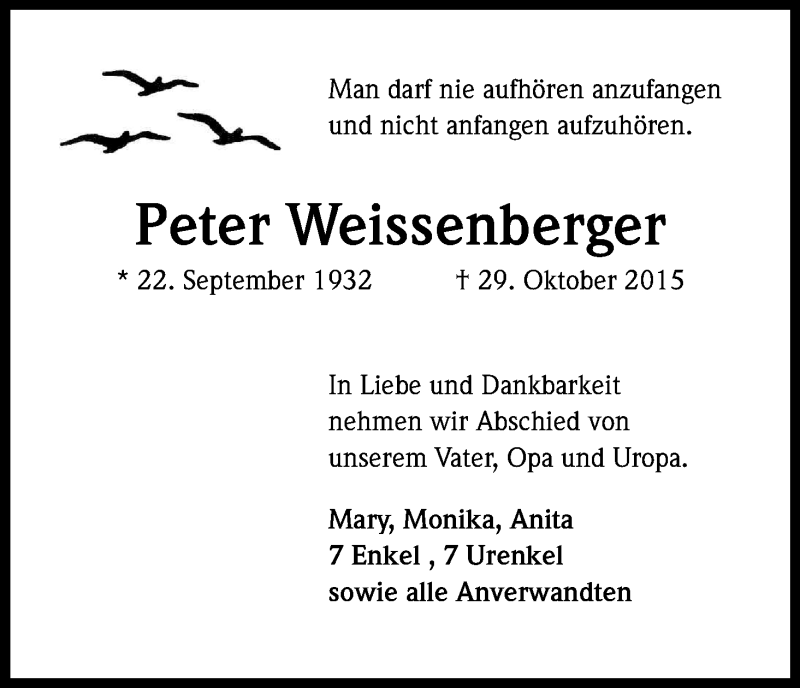  Traueranzeige für Peter Weissenberger vom 12.11.2015 aus Kölner Stadt-Anzeiger / Kölnische Rundschau / Express