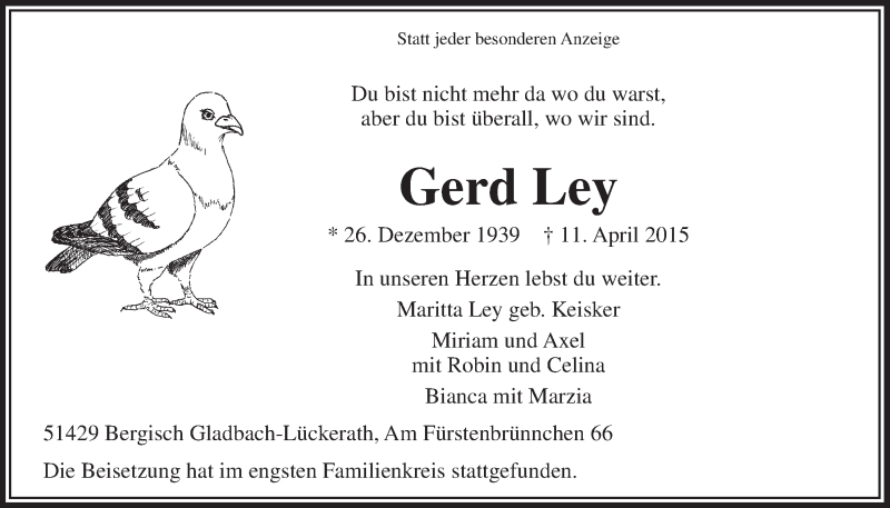  Traueranzeige für Gerd Ley vom 13.05.2015 aus  Bergisches Handelsblatt 