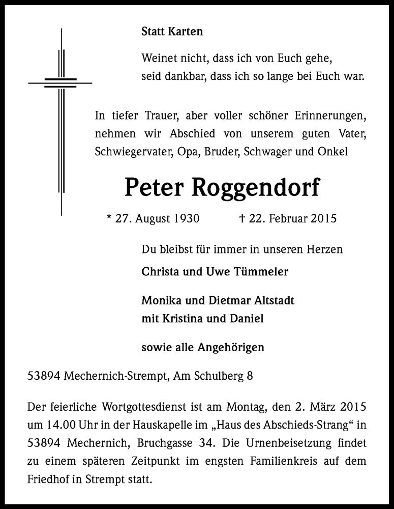  Traueranzeige für Peter Roggendorf vom 26.02.2015 aus Kölner Stadt-Anzeiger / Kölnische Rundschau / Express
