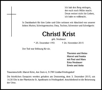 Anzeige von Christi Krist von Kölner Stadt-Anzeiger / Kölnische Rundschau / Express