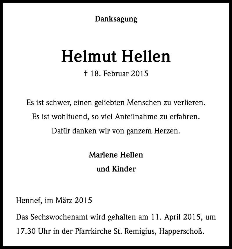  Traueranzeige für Helmut Hellen vom 28.03.2015 aus Kölner Stadt-Anzeiger / Kölnische Rundschau / Express
