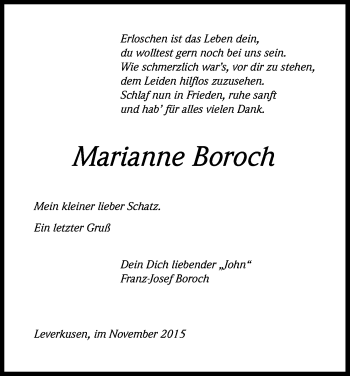 Anzeige von Marianne Boroch von Kölner Stadt-Anzeiger / Kölnische Rundschau / Express