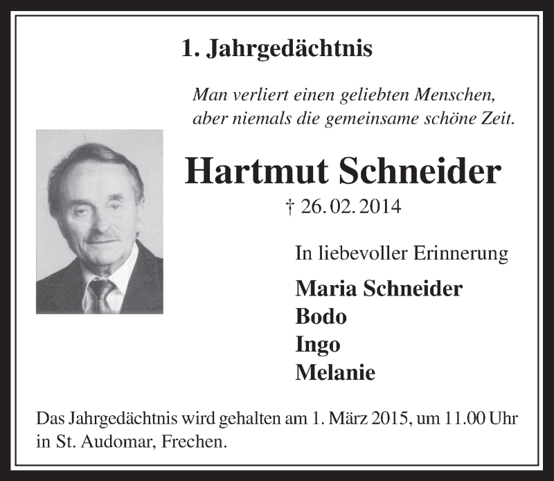  Traueranzeige für Hartmut Schneider vom 25.02.2015 aus  Wochenende 