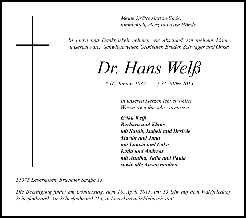 Traueranzeige für Hans Weiß vom 11.04.2015 aus Kölner Stadt-Anzeiger / Kölnische Rundschau / Express