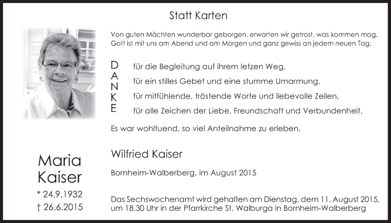  Traueranzeige für Maria Kaiser vom 05.08.2015 aus  Schlossbote/Werbekurier 