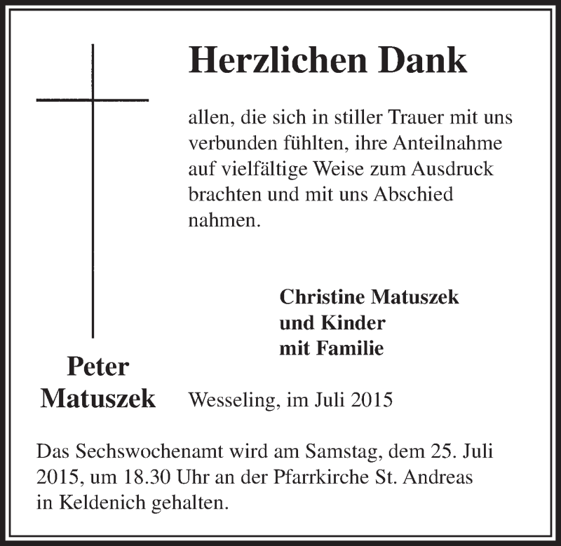 Traueranzeige für Peter Matuszek vom 08.07.2015 aus  Schlossbote/Werbekurier 