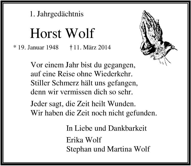  Traueranzeige für Horst Wolf vom 11.03.2015 aus  Bergisches Handelsblatt 