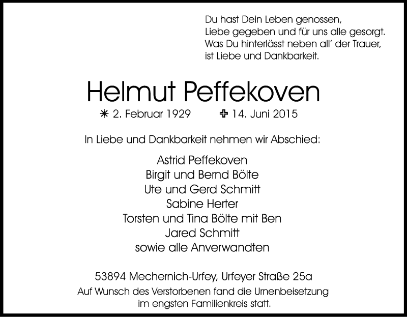  Traueranzeige für Helmut Peffekoven vom 27.06.2015 aus Kölner Stadt-Anzeiger / Kölnische Rundschau / Express