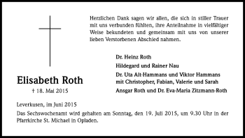 Anzeige von Elisabeth Roth von Kölner Stadt-Anzeiger / Kölnische Rundschau / Express