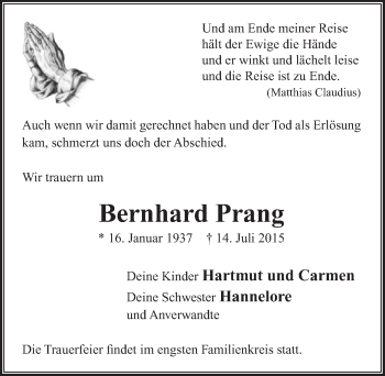 Anzeige von Bernhard Prang von  Rhein-Sieg-Wochenende 