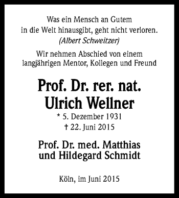 Anzeige von Ulrich Wellner von Kölner Stadt-Anzeiger / Kölnische Rundschau / Express