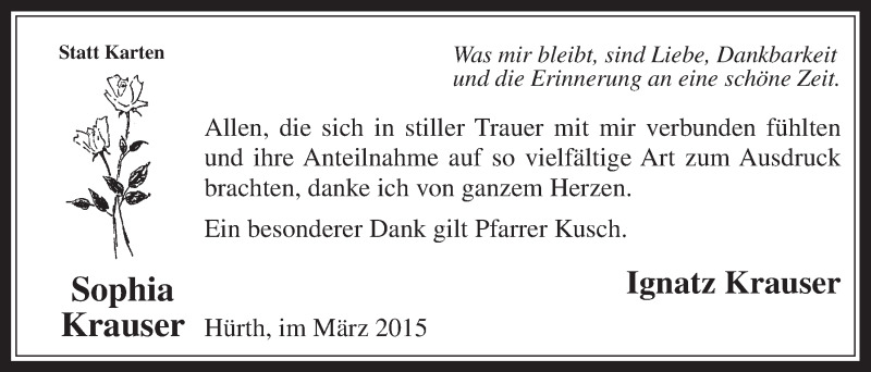  Traueranzeige für Sophia Krauser vom 25.03.2015 aus  Wochenende 