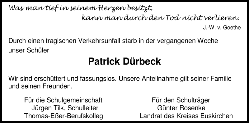  Traueranzeige für Patrick Dürbeck vom 20.08.2015 aus Kölner Stadt-Anzeiger / Kölnische Rundschau / Express
