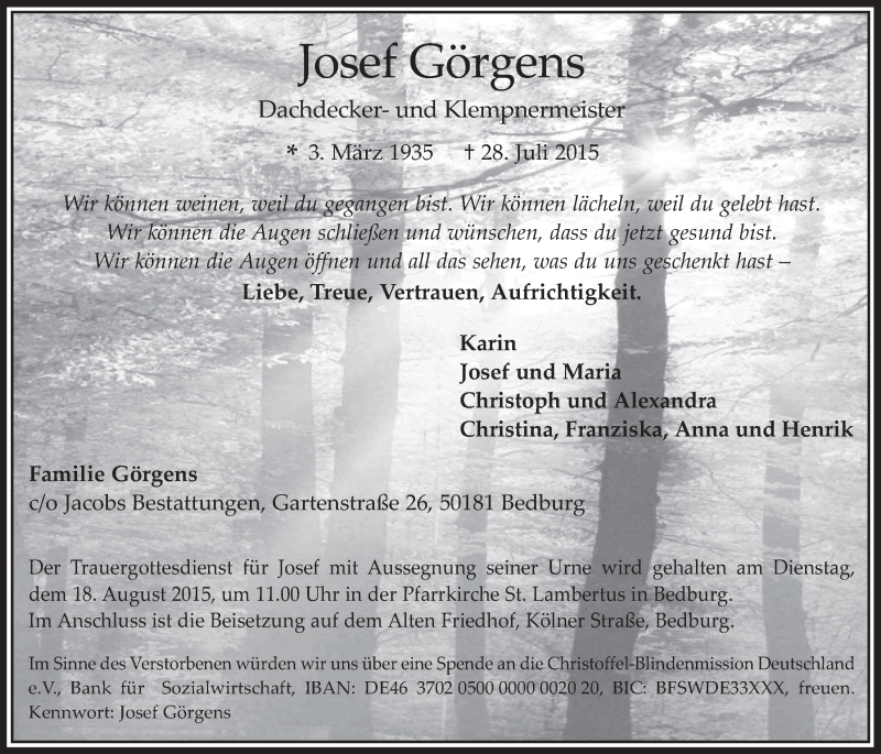  Traueranzeige für Josef Görgens vom 12.08.2015 aus  Werbepost 