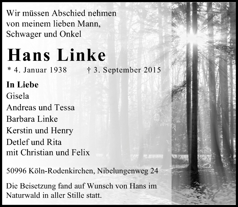  Traueranzeige für Hans Linke vom 09.09.2015 aus  Kölner Wochenspiegel 