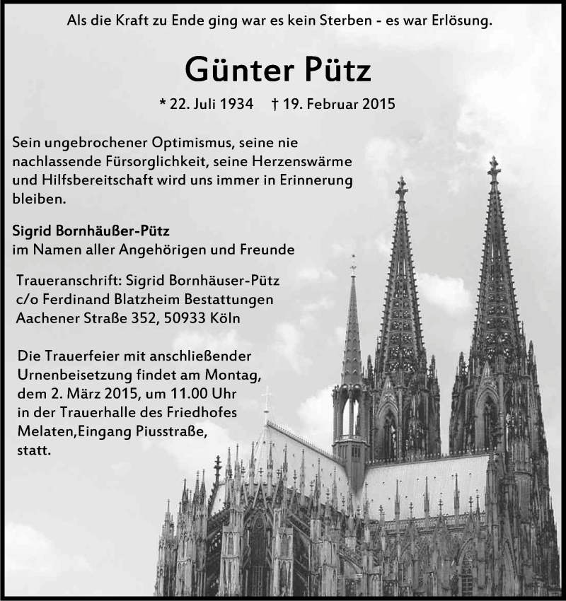  Traueranzeige für Günter Pütz vom 25.02.2015 aus Kölner Stadt-Anzeiger / Kölnische Rundschau / Express