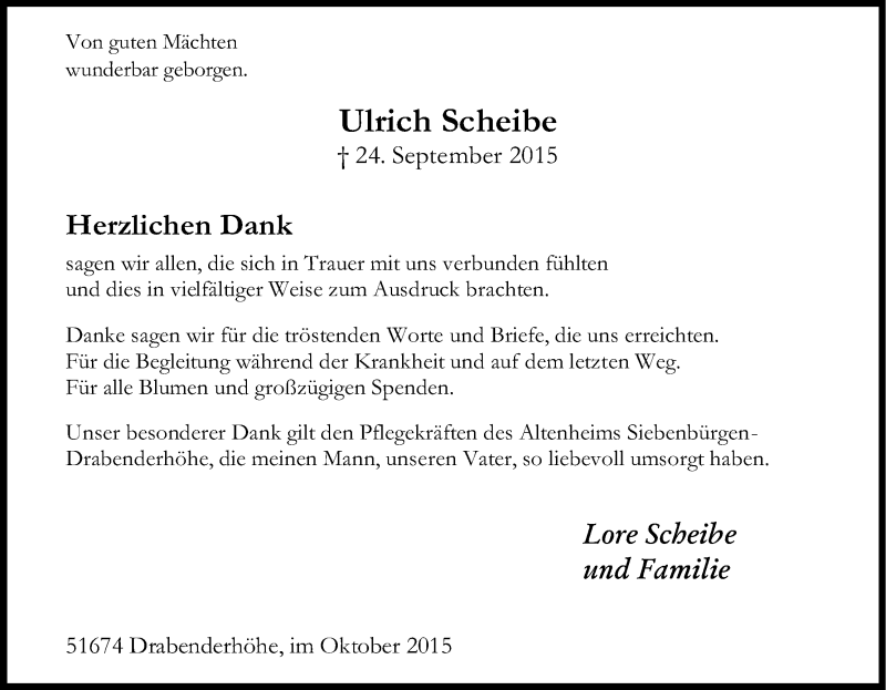  Traueranzeige für Ulrich Scheibe vom 31.10.2015 aus Kölner Stadt-Anzeiger / Kölnische Rundschau / Express