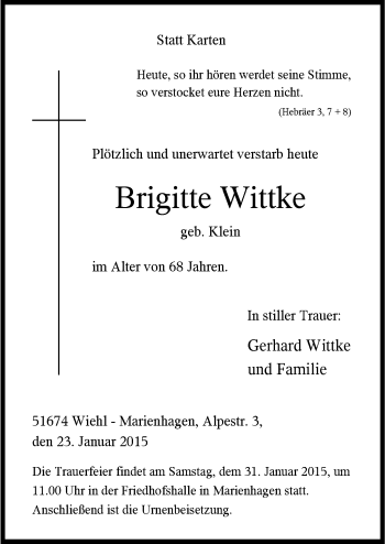 Anzeige von Brigitte Wittke von  Anzeigen Echo 