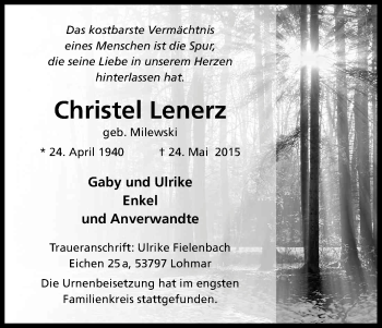 Anzeige von Christel Lenerz von Kölner Stadt-Anzeiger / Kölnische Rundschau / Express
