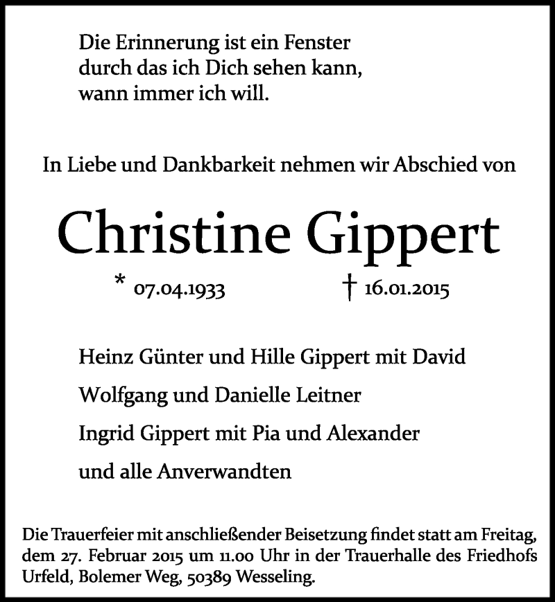  Traueranzeige für Christine Gippert vom 25.02.2015 aus  Schaufenster/Blickpunkt  Schlossbote/Werbekurier 