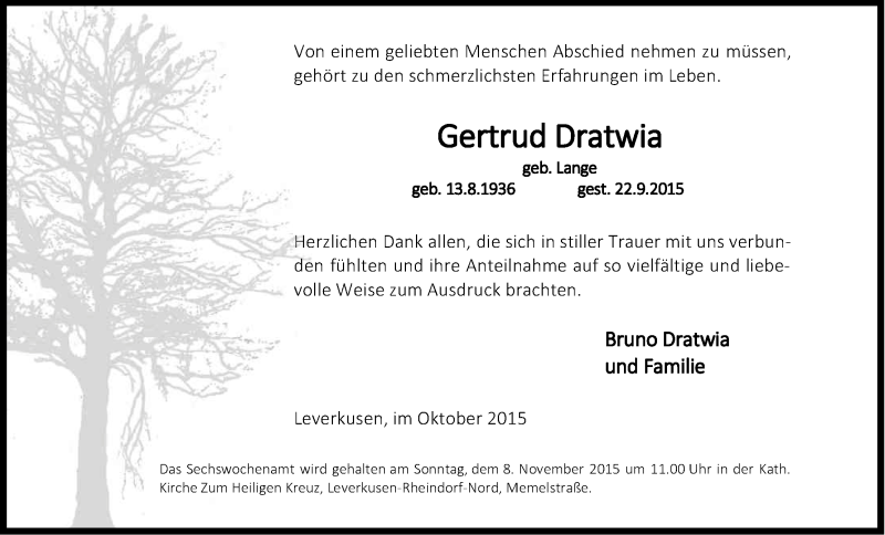  Traueranzeige für Gertrud Dratwia vom 24.10.2015 aus Kölner Stadt-Anzeiger / Kölnische Rundschau / Express