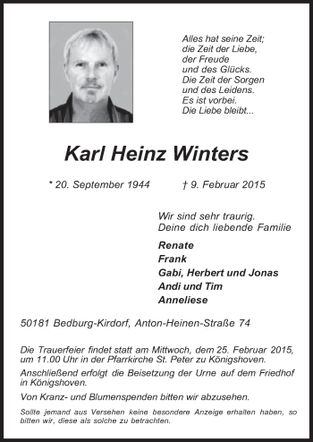 Anzeige von Karl Heinz Winters von  Werbepost 