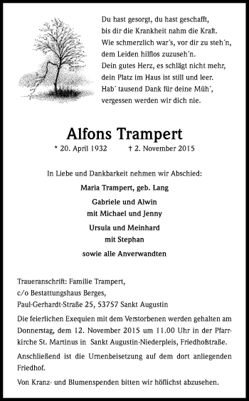 Anzeige von Alfons Trampert von Kölner Stadt-Anzeiger / Kölnische Rundschau / Express