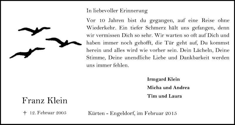  Traueranzeige für Franz Klein vom 12.02.2015 aus Kölner Stadt-Anzeiger / Kölnische Rundschau / Express