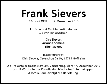 Anzeige von Frank Sievers von Kölner Stadt-Anzeiger / Kölnische Rundschau / Express
