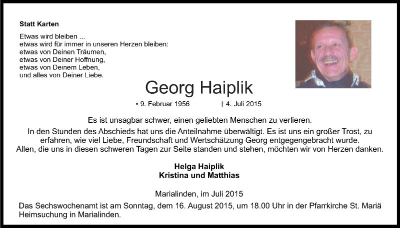  Traueranzeige für Georg Haiplik vom 01.08.2015 aus Kölner Stadt-Anzeiger / Kölnische Rundschau / Express