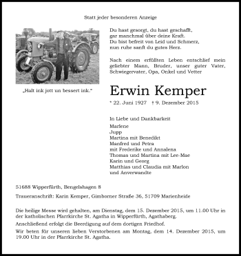 Anzeige von Erwin Kemper von Kölner Stadt-Anzeiger / Kölnische Rundschau / Express