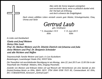 Anzeige von Gertrud Laub von Kölner Stadt-Anzeiger / Kölnische Rundschau / Express