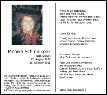 Anzeige von Monika Schmidkonz von Kölner Stadt-Anzeiger / Kölnische Rundschau / Express